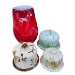 Large red art glass vase 43cm, and three stilton covers and stands (4).