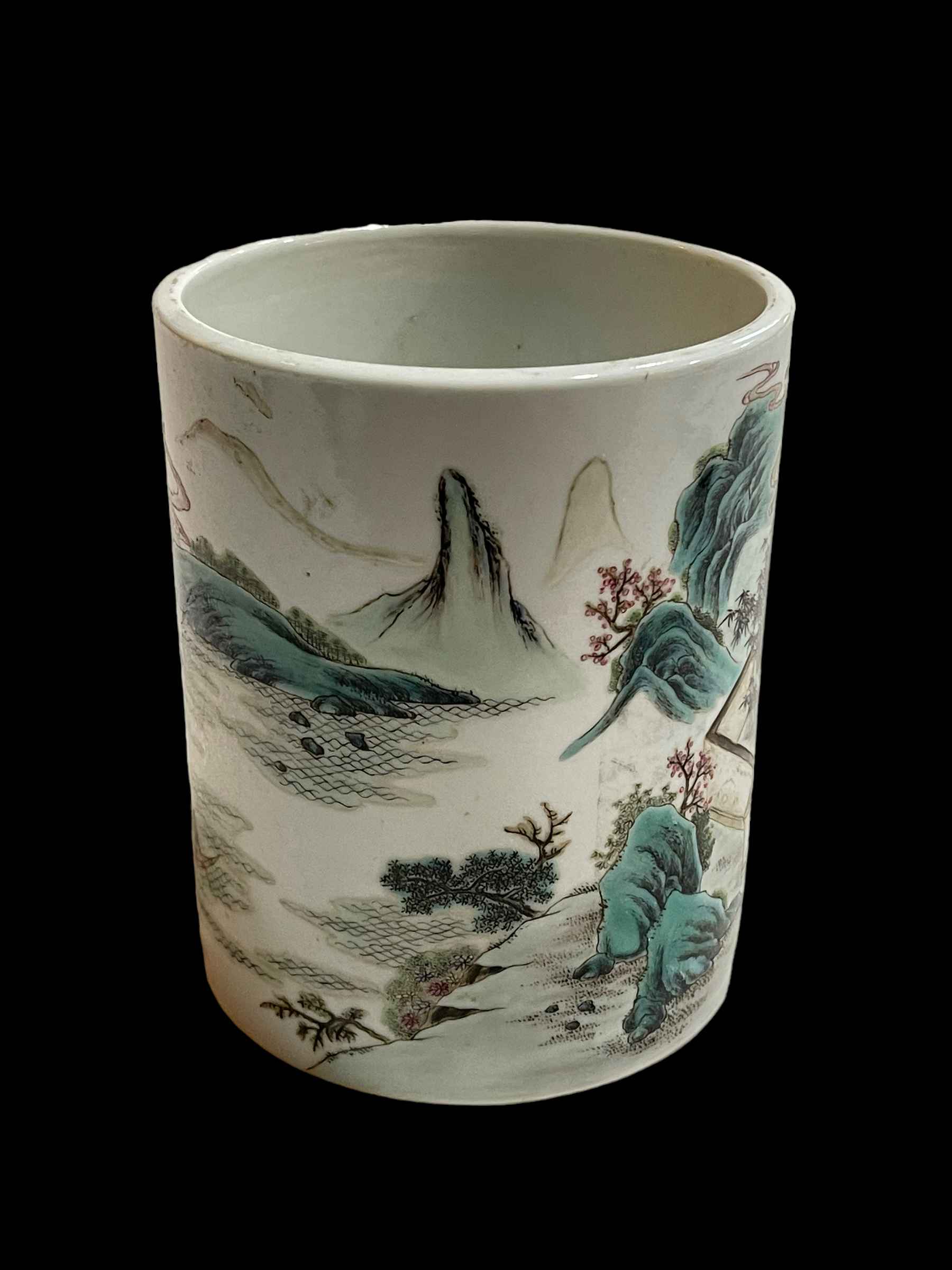 Chinese cylindrical brush pot decorated with village scene, iron red mark to base, 13.5cm high. - Image 2 of 4