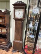 Antique oak cased 30 hour longcase clock having square floral painted dial signed Jn Bishop,