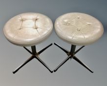 Two 1970s circular buttoned vinyl upholstered dressing table stools on metal pedestals.