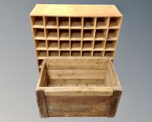A plywood 42 bottle wine rack (width 78cm) together with a pine crate.