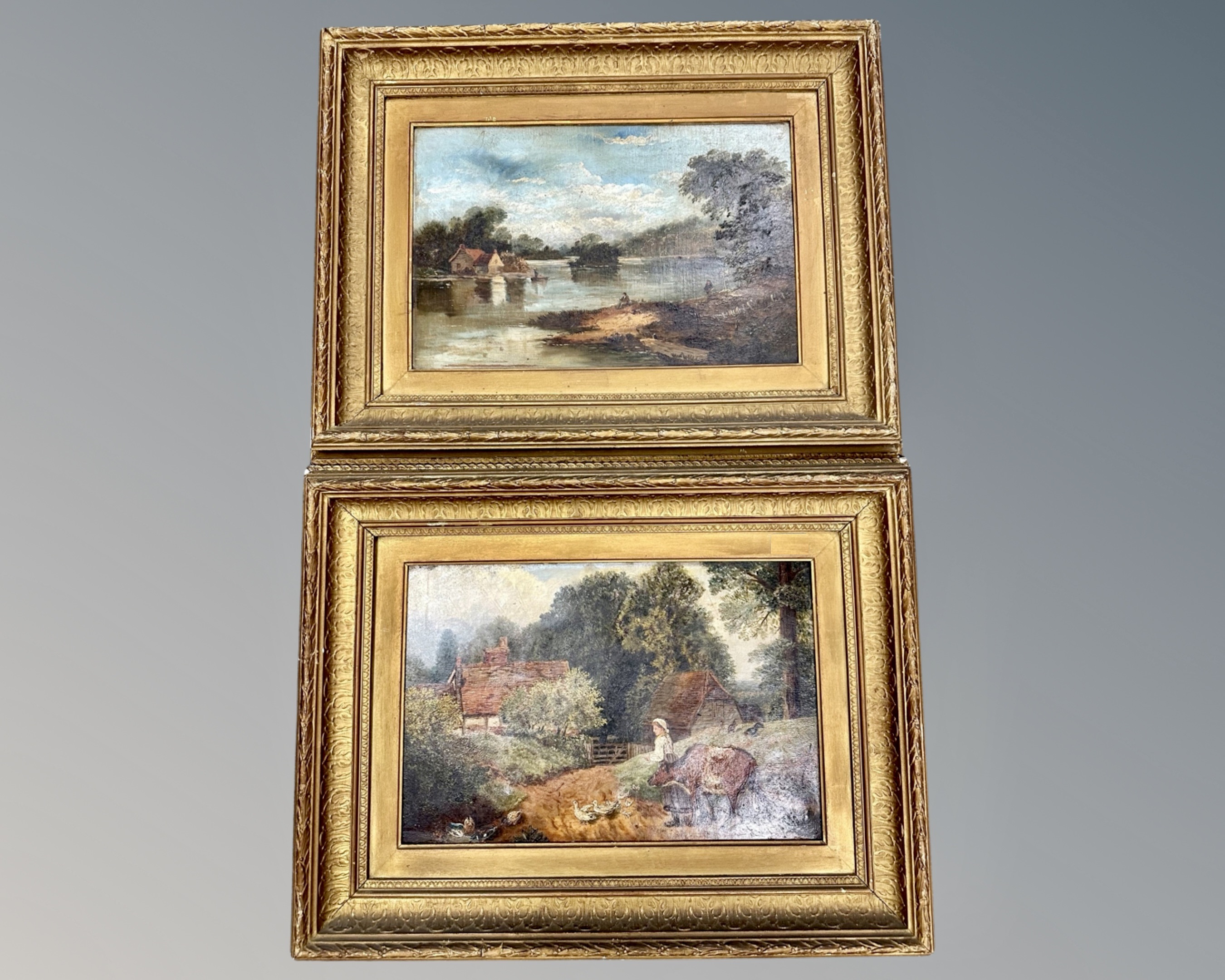 Nineteenth Century English School : Two Figures by a Lake with Rowing Boat and Dwelling Beyond,