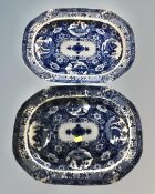 A pair of 19th century Oriental style blue and white meat plates depicting pagodas.