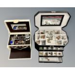 Two contemporary jewellery boxes containing costume jewellery, some silver, dress rings,