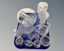 A tray containing assorted glassware including miniature Edinburgh Crystal rose bowl, vases,