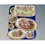 A tray containing seven pieces of Maling lustre china including Rosine shaped dish,