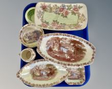 A tray containing seven pieces of Maling lustre china including Rosine shaped dish,