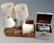 A box containing assorted table lamps, wooden table box, ELMO projector.