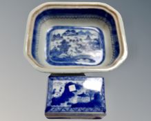 A Chinese blue and white lidded trinket pot and a further dish