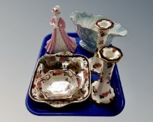 A tray containing assorted ceramics including Masons Mandalay dishes and candlesticks,