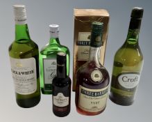 Five bottles of alcohol : Three Barrels French brandy, 70cl, boxed (signs of evaporation),