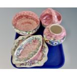 A tray containing five pieces of pink pink Maling lustre china.