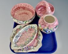 A tray containing five pieces of pink pink Maling lustre china.