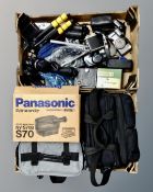 Two boxes containing camera bags, Panasonic camcorder, assorted cameras, camera tripod,