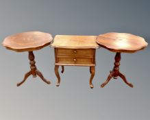 Two Italian style pedestal wine tables together with a two drawer side table on raised legs.