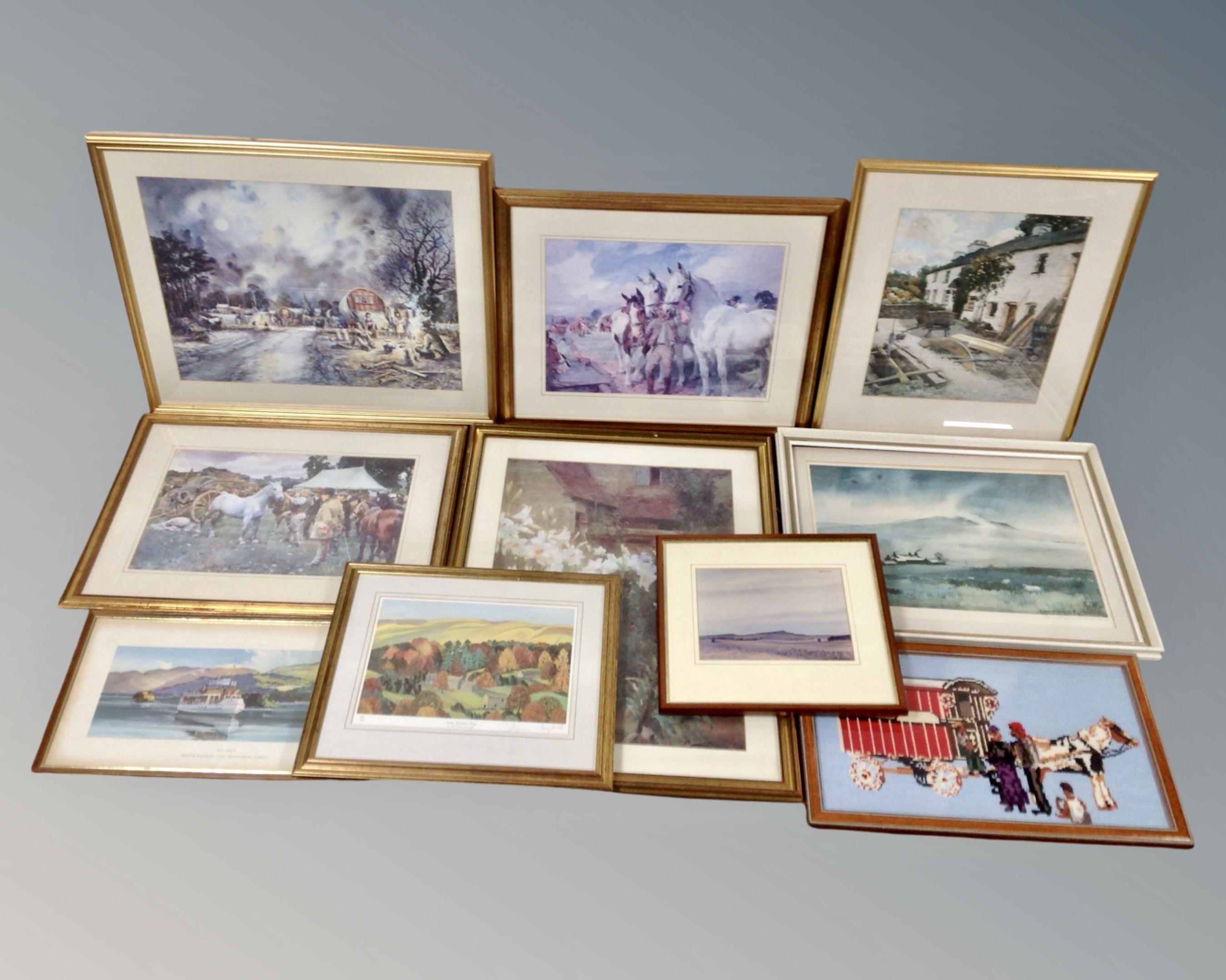 Ten framed pictures including woolwork panel, Alfred Mannings, J. Freeman prints etc.