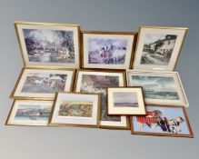 Ten framed pictures including woolwork panel, Alfred Mannings, J. Freeman prints etc.