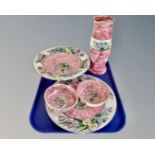 A tray containing five pieces of pink lustre Maling including pink Springtime bowl and wall plate,