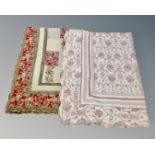 Two stitched patchwork quilts; one red and green labeled Clare & Eef measuring 246cm by 177cm,