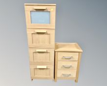 A contemporary three drawer bedside chest together with a further contemporary narrow four drawer