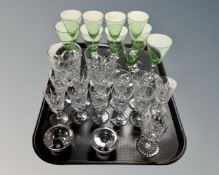 A tray containing a quantity of assorted glass drinking vessels including heavy cut glass tumblers,