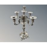 A mid-19th century Belgian silver plated five-sconce candelabrum, base signed Henniger,