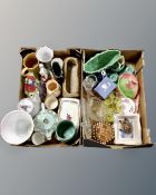 Two boxes containing assorted ceramics including glassware, boxed Wedgwood vase, Wade, Royal Winton,