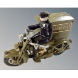A cast iron Parcel Post delivery man on motorcycle figure.