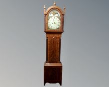 A 20th century inlaid mahogany eight day longcase clock with painted moon phase dial depicting