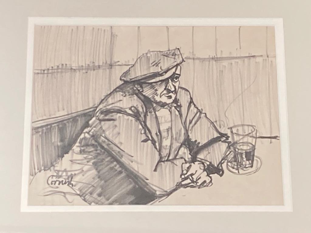 Norman Cornish (1919-2014) : Study of Man wearing a flat cap in a pub, Flowmaster on paper, 20. - Image 2 of 2