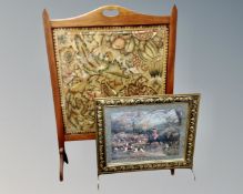 An Edwardian mahogany fire screen together with a further fire screen in brass frame.