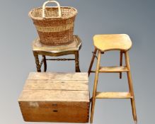 A set of 20th century folding wooden stool steps together with a beechwood bergere seated dressing