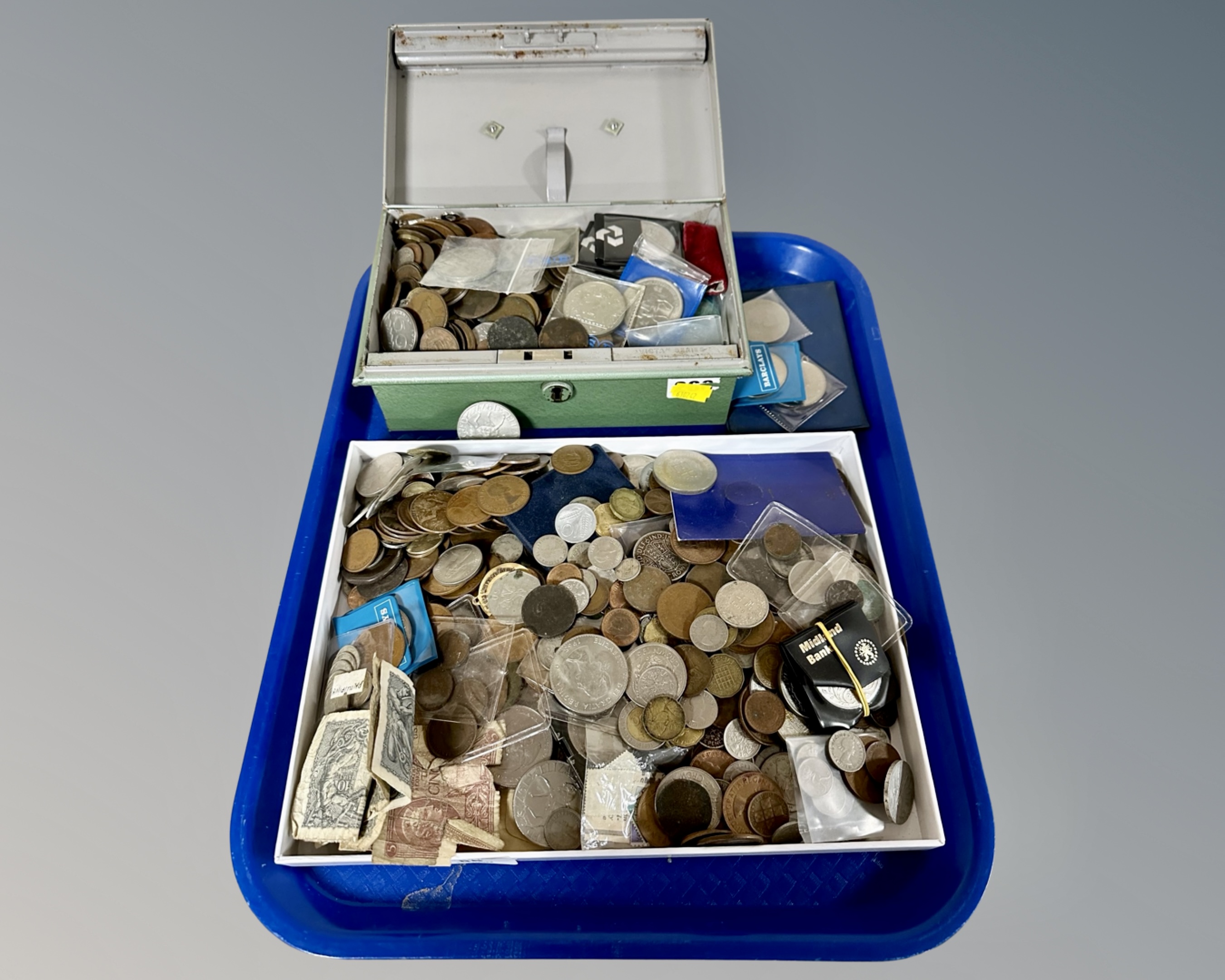 A tray containing a large quantity of pre-decimal British coinage, crowns etc.