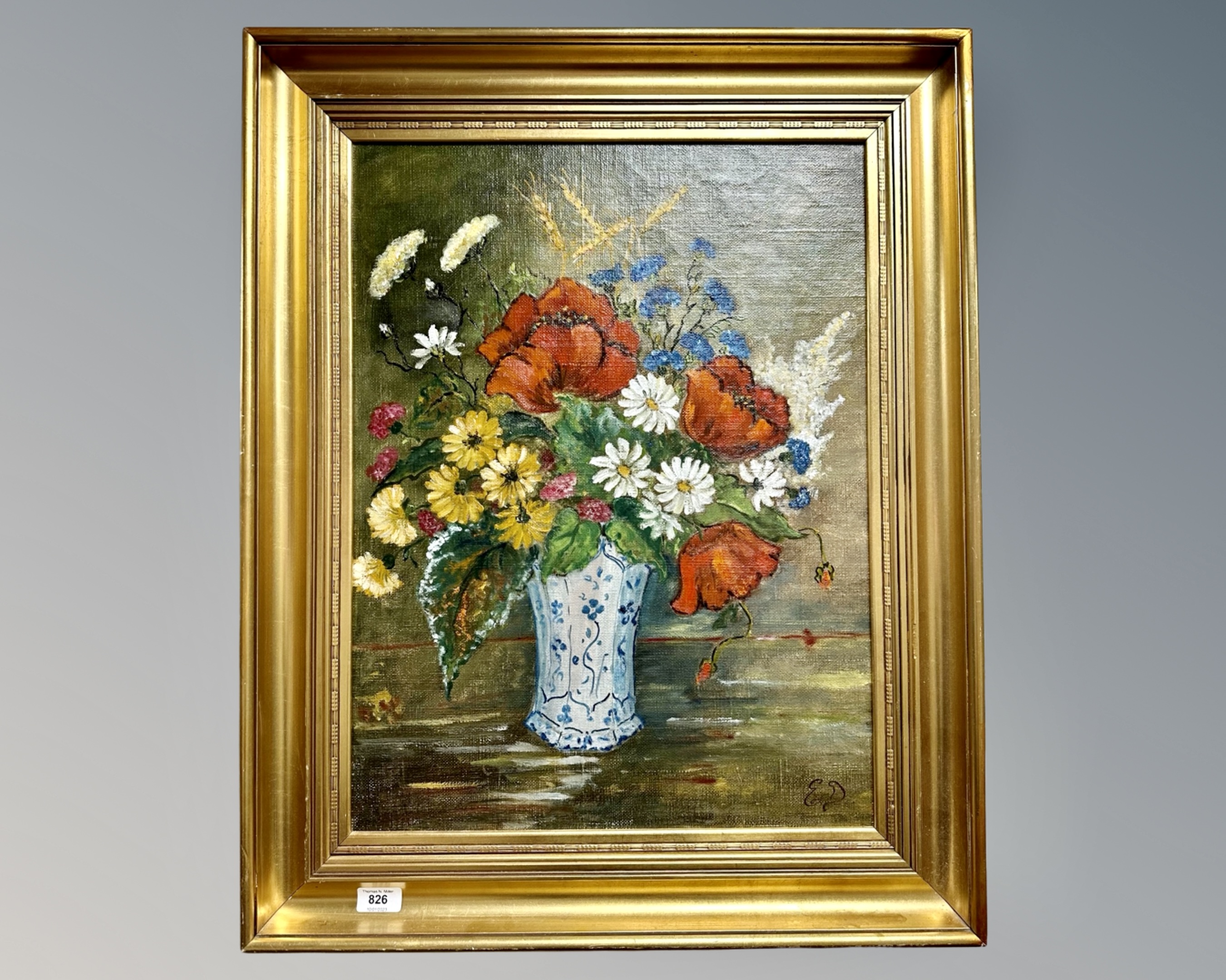 Continental school : Still life with flowers in a vase, oil on canvas, 46cm by 61cm.