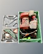 A crate containing PowerDevil and Wolf Power bench grinders, Bosch sander in case, glue guns,
