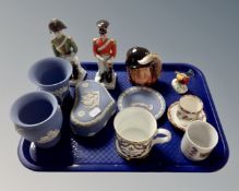 A tray containing assorted ceramics including Napoleonic soldiers, Wedgwood Jasperware,