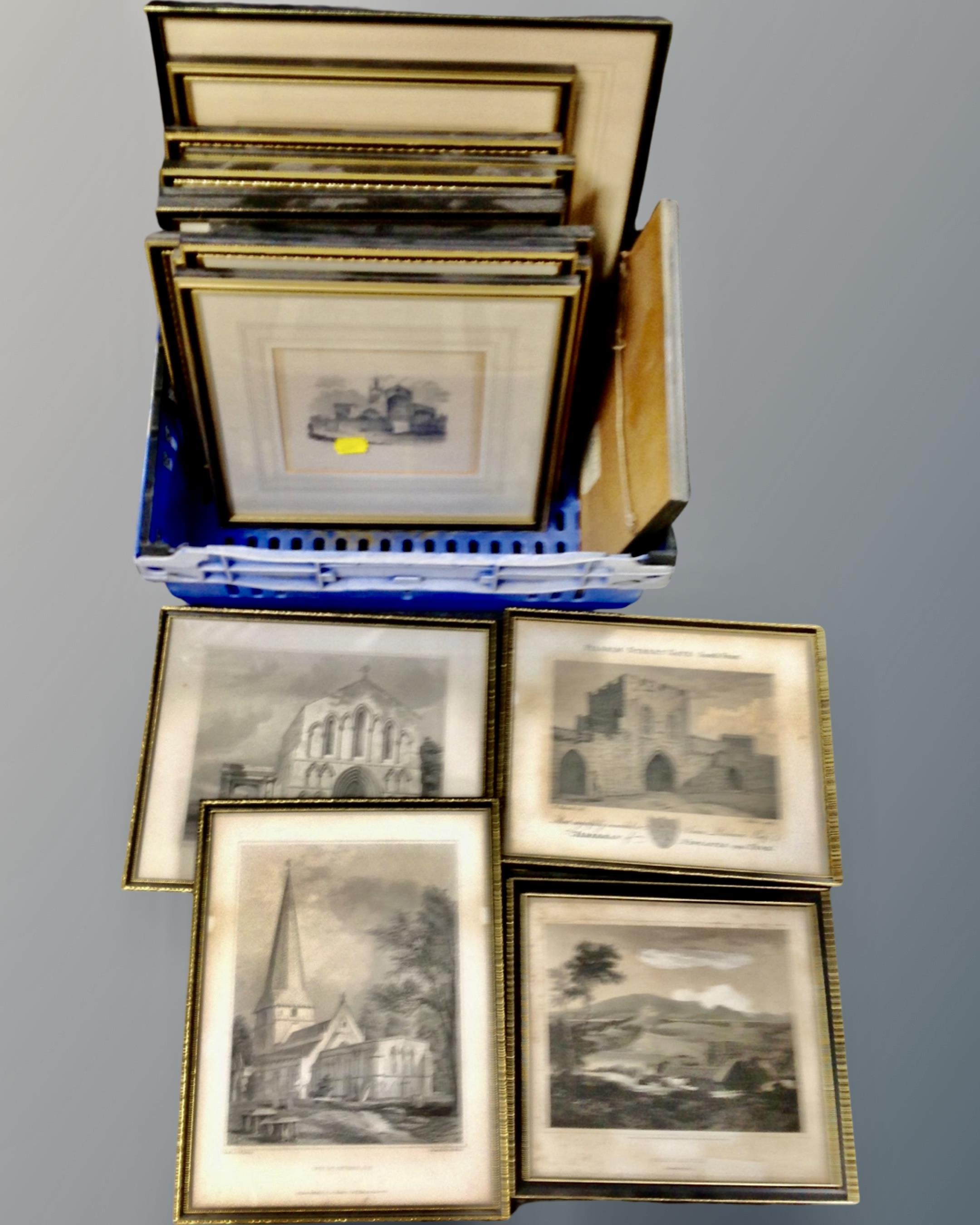 A crate containing 18 colour and black and white etchings including scenes of the River Tyne,