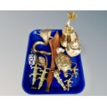 A tray containing assorted metal wares including enamelled miniature teapot,