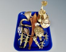 A tray containing assorted metal wares including enamelled miniature teapot,