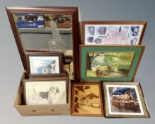 A box containing assorted pictures and prints, marquetry panel,