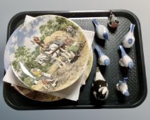 A tray containing a collection of seven Russian china bird ornaments together with Wedgwood