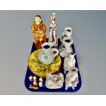 A tray containing assorted antique and later ceramics including scotch whisky monk decanter