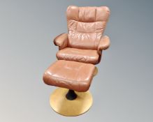 A swivel relaxer adjustable armchair with stool on beech pedestal.