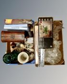 Two boxes containing assorted glassware, table box in the form of a book, wine casket,
