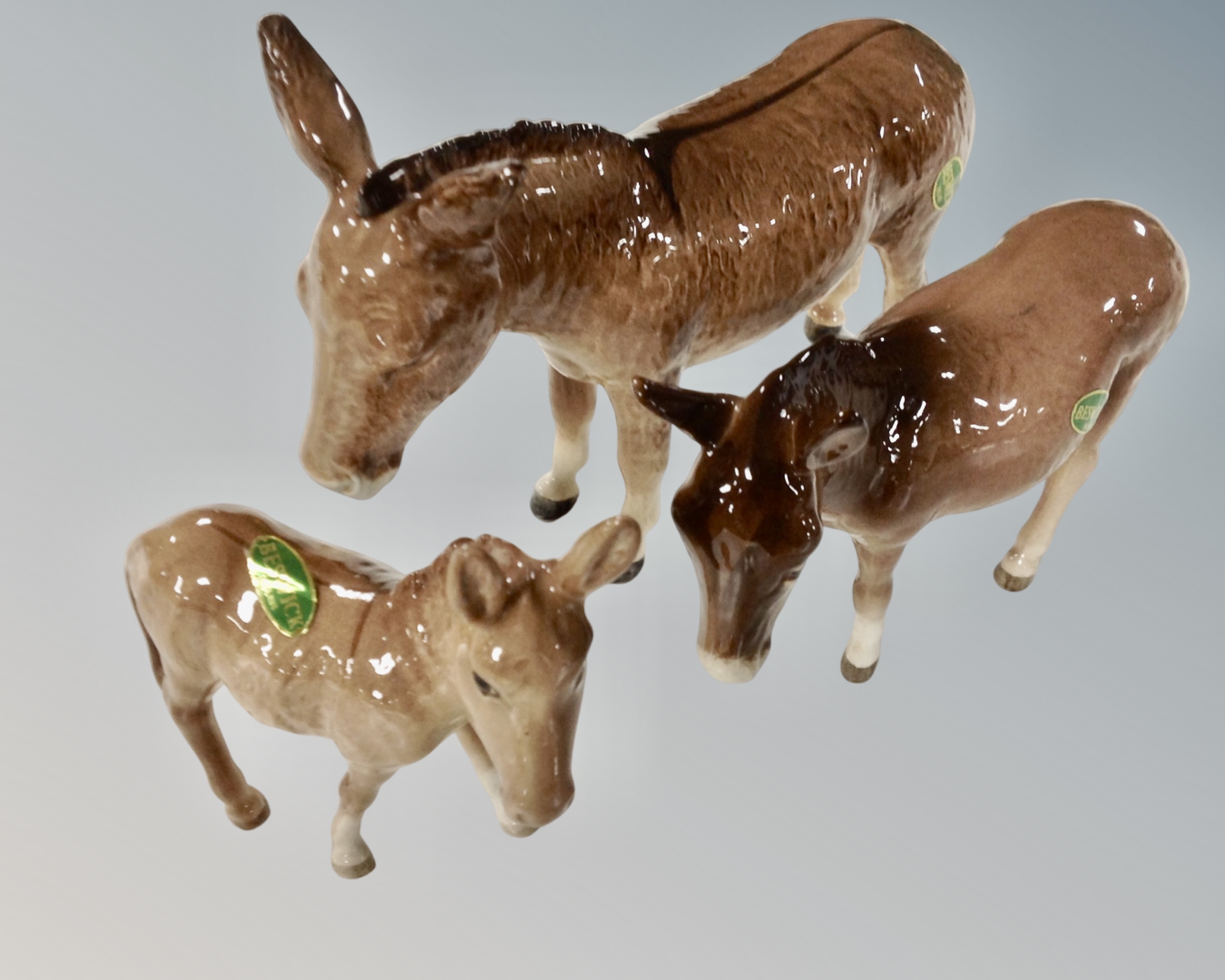 Three graduated Beswick figures of donkeys.