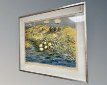 A Continental limited edition colour print depicting flowers on a hillside, 56cm by 45cm.
