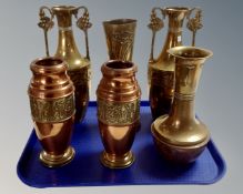 A tray containing six assorted brass and copper Arts and Crafts vases.
