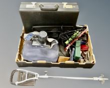 A box containing leather case, Masonic regalia, shooting stick, cameras, wristwatches etc.