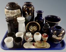 A tray containing a collection of assorted Oriental vases, Chokin ware, perfume bottle,