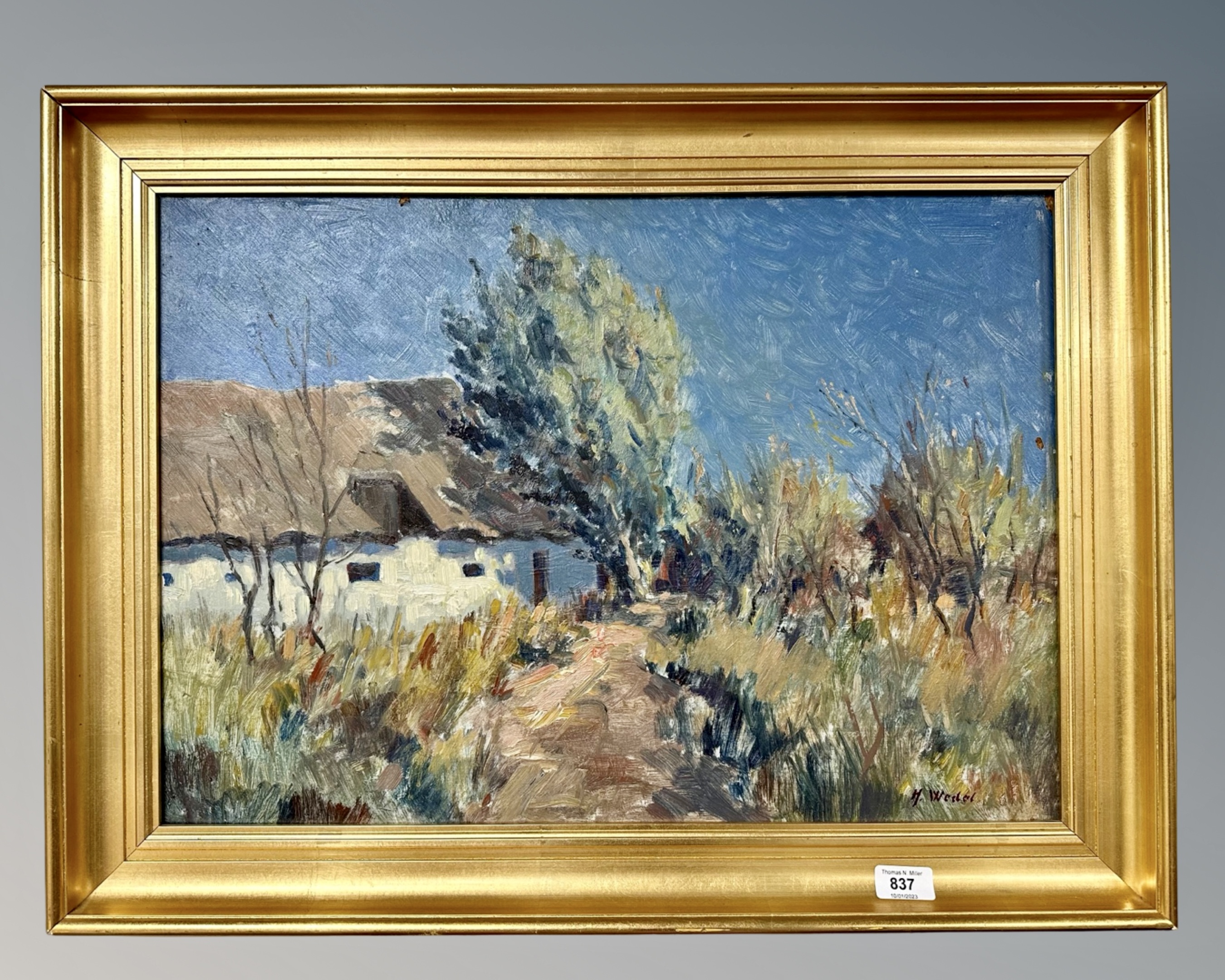 H. Wedel : Country cottage, oil on board, 60cm by 42cm.